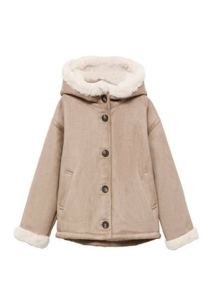 Beige Kapuzenjacke mit Fleece-Futter, Druckknopf-Front, zwei Seitentaschen und kontrastierender Textur an den Bündchen und dem Kragen.