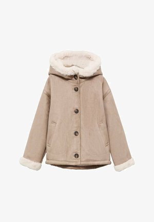 Beige hættejakke med faux fur-foring, trykknap-åbning foran, to sidelommer og kontrasttekstur ved ærmerne og kraven.
