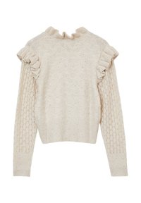 Maglione in beige chiaro a maglia con colletto e bordi delle maniche a volant. Presenta un motivo testurizzato e orlo a coste.