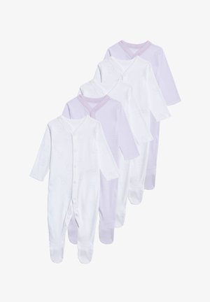 Cinque body per neonato in bianco e lavanda, con motivi di coniglietti e una combinazione di design solidi e a righe. Tessuto morbido, manica lunga.