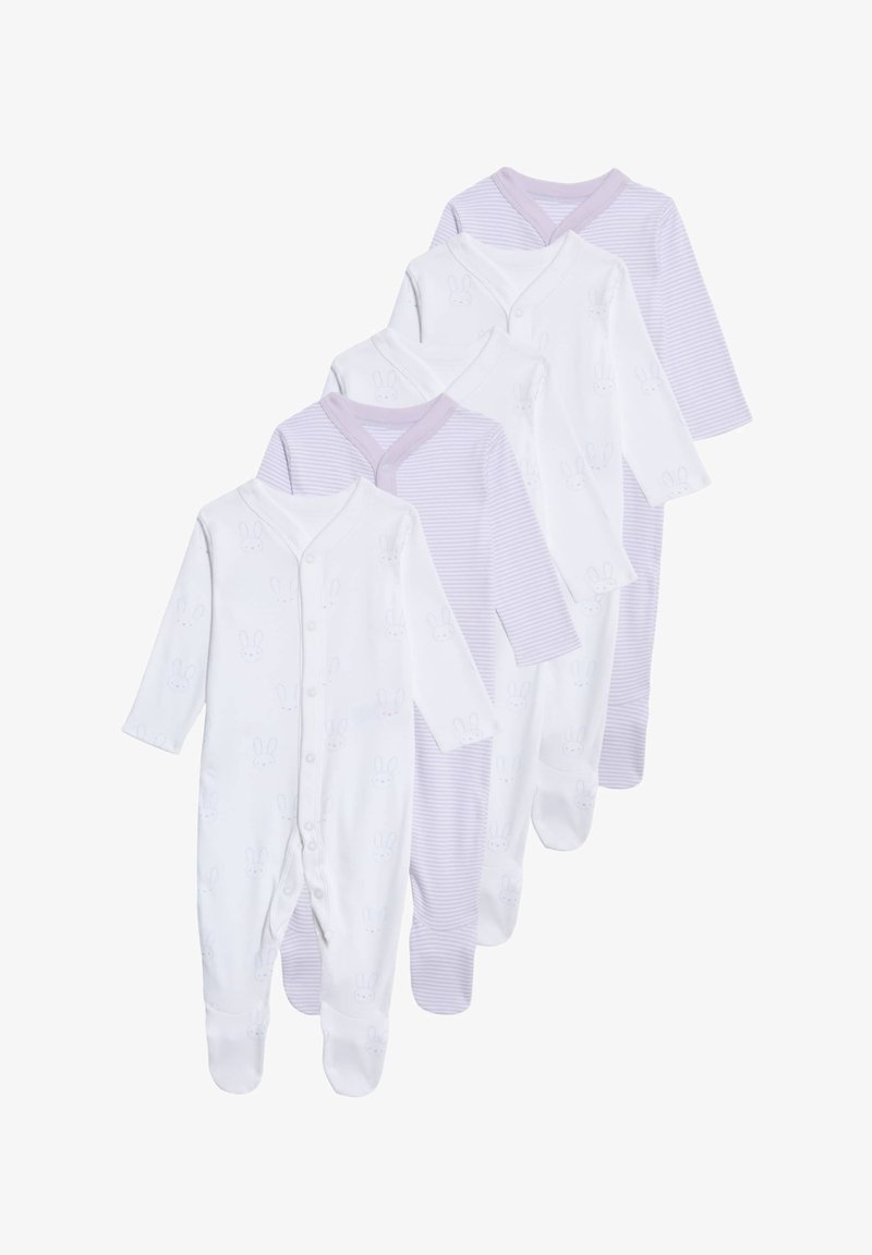 Fünf Babykombinationen in Weiß und Lavendel, mit Hasenmuster und einer Mischung aus einfarbigen und gestreiften Designs. Weicher Stoff, lange Ärmel.