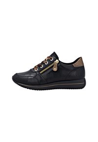 Black leather sneaker with brown lace accents, side zipper, and tan heel detail. Features a textured surface and rubber sole.