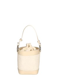 Borsa a secchiello color crema con texture intrecciata, bordi in pelle, tracolla regolabile e chiusura con cordoncino. Forma semplice e rotonda.