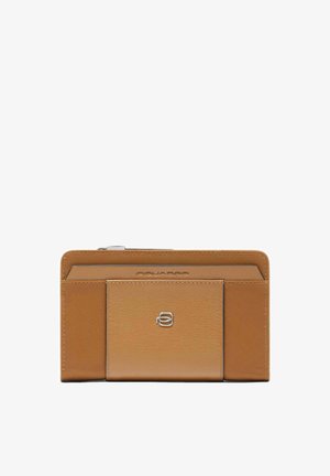 Tan leather wallet with a smooth texture, featuring a silver logo and multiple card slots in a rectangular shape. Zipper closure on top.