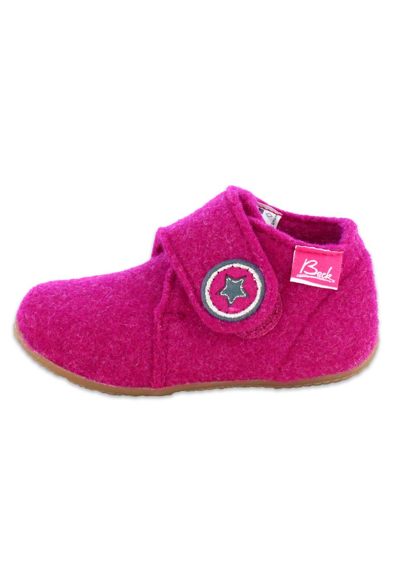 Rosa Filzpantoffel mit einem Klettverschluss, runder Sternakzent und Gummisohle. Das Design weist einen strukturierten Stoff und eine abgerundete Form auf.