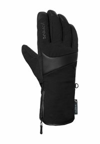Black winter glove made of soft fabric with a waterproof leather accent. Features a zipper closure and logo on the back. Ergonomic shape.