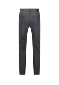 Jeans de mezclilla gris con un corte recto, diseño de cinco bolsillos y un sutil detalle de costura en los bolsillos traseros. Con pasadores para cinturón y una textura suave.