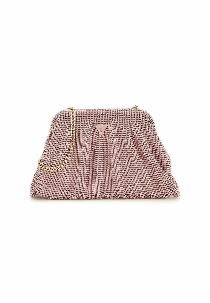 Borsa a mano piegata rosa con tracolla in catena metallica, superficie texture e dettaglio del logo triangolare sul davanti. Le dimensioni sono compatte e rettangolari.