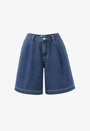 Blauwe denim bermuda shorts met hoge taille, riemlussen, knoopsluiting aan de voorkant en wijde pijpen.