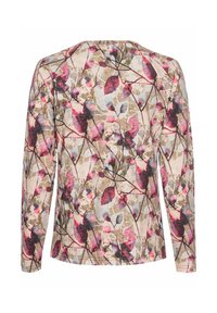 Langarmhemd aus weichem Stoff mit einem mehrfarbigen Blumendesign in Rosa, Grün und Braun auf einem neutralen Hintergrund.
