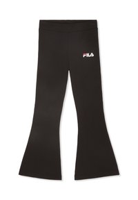 Leggings negras acampanadas fabricadas en un tejido elástico con una cintura elástica. Presentan un logo de Fila en rojo y blanco en la parte superior izquierda.