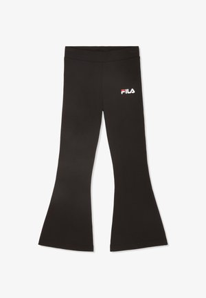 Schwarze ausgestellte Leggings aus dehnbarem Stoff mit elastischem Bund. Mit einem roten und weißen Fila-Logo auf der oberen linken Seite.