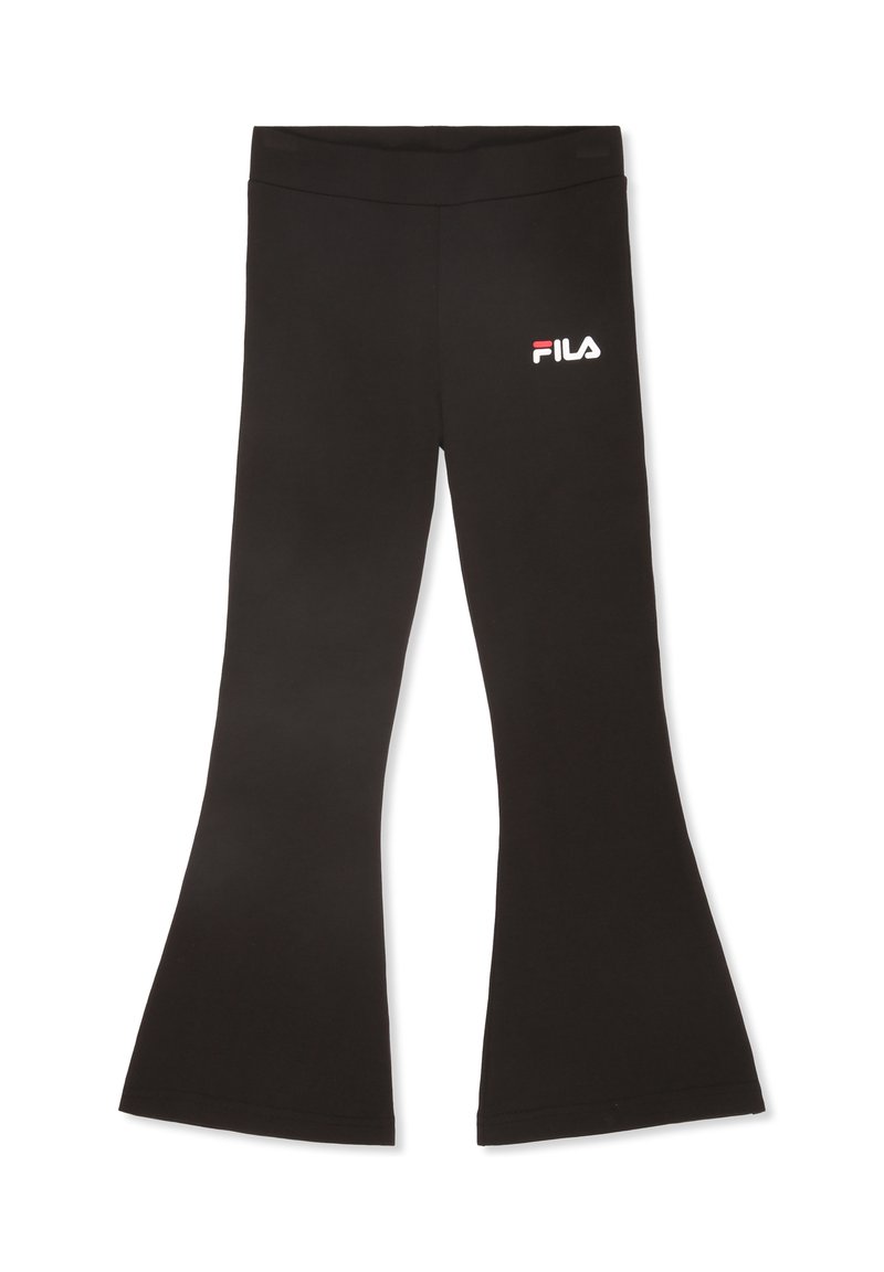 Leggings negras acampanadas fabricadas en un tejido elástico con una cintura elástica. Presentan un logo de Fila en rojo y blanco en la parte superior izquierda.