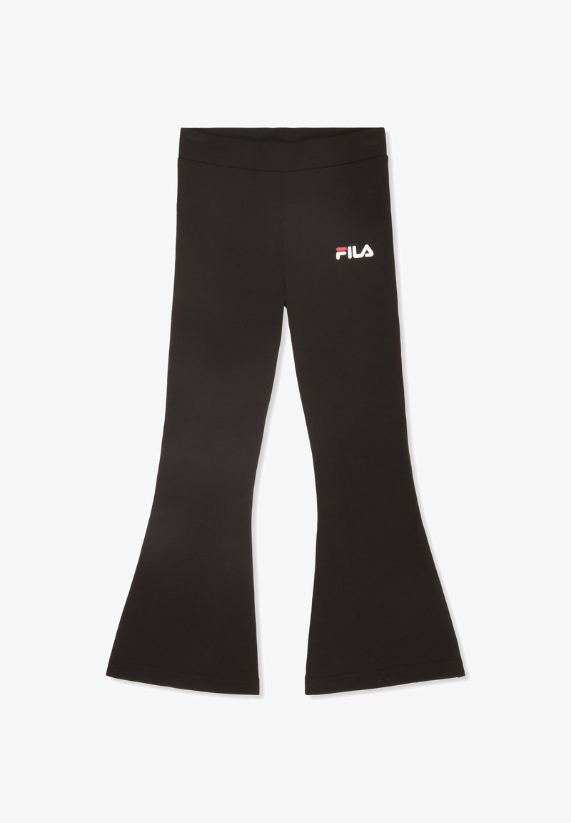 Zwarte flared leggings van rekbaar materiaal met een elastische tailleband. Bevat een rood en wit Fila-logo aan de bovenste linkerkant.