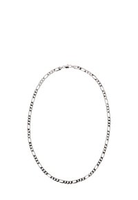 Ezüst színű fém lánc nyaklánc váltakozó, sima és texturált elemekkel, hátul biztonságos záródással.