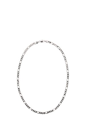 Ezüst színű fém lánc nyaklánc váltakozó, sima és texturált elemekkel, hátul biztonságos záródással.