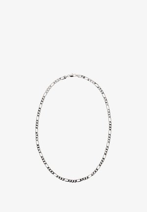 Haaliketju, joka on valmistettu hopeanhohtoisesta metallista ja jossa on vuorotellen sileitä ja teksturoituja lenkkejä. Takana on turvallinen solki.