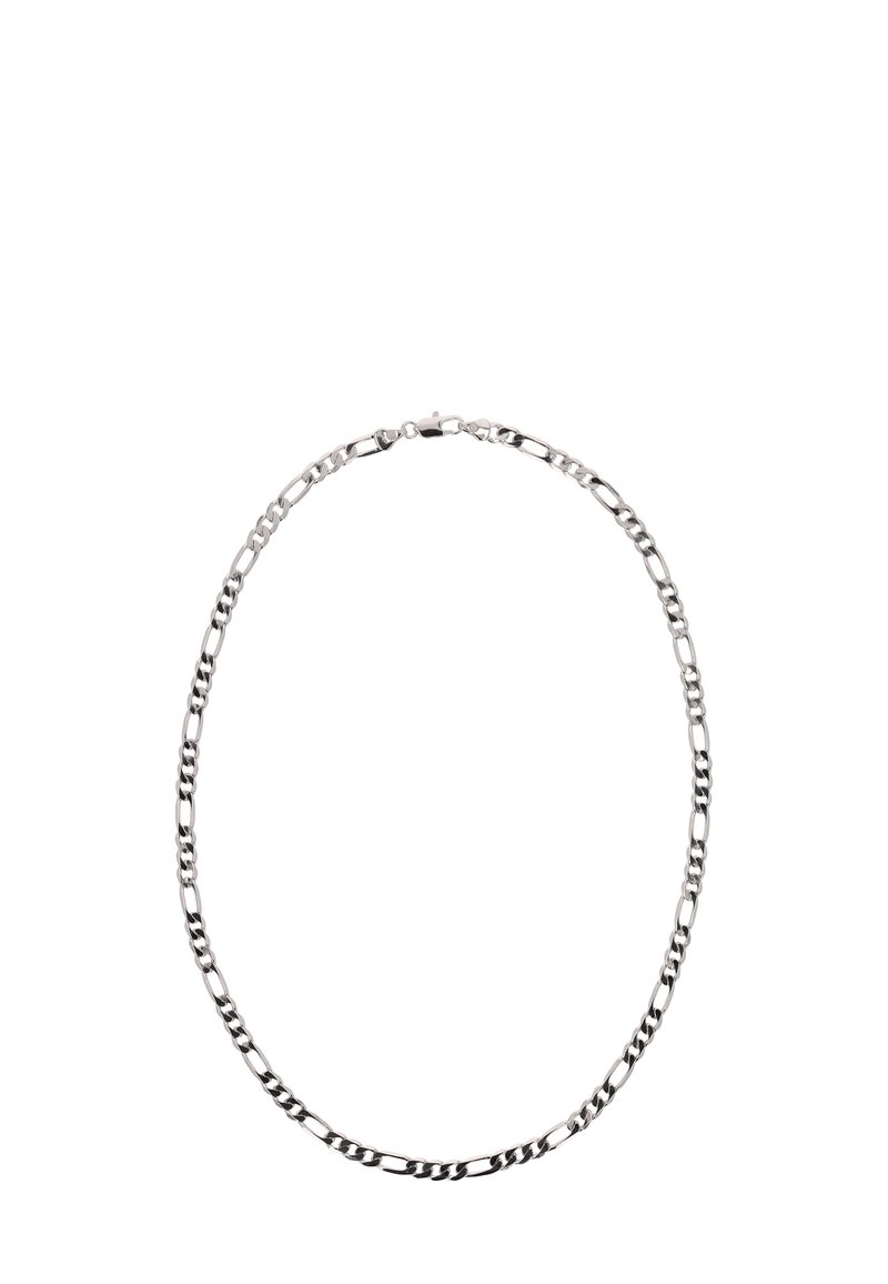 Ezüst színű fém lánc nyaklánc váltakozó, sima és texturált elemekkel, hátul biztonságos záródással.