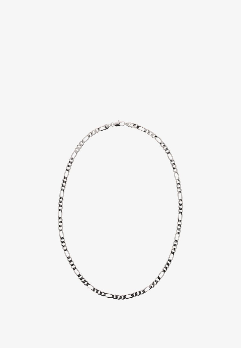 Sølvmetal kædelynke med vekslende led, glatte og teksturerede designs, samt en sikker lukning bagpå.