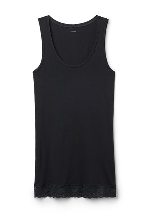 Canotta nera realizzata in tessuto morbido, presenta un scollo a barca e un bordo in pizzo all'orlo, creando un accento testurizzato.