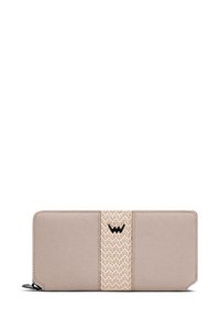 Beige wallet with a textured fabric surface and a woven zigzag accent in cream. Features a black logo and zip closure.