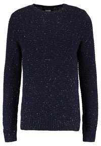 Navy blue knit sweater with a textured pattern, long sleeves, and a ribbed hem. Features flecks of color throughout.