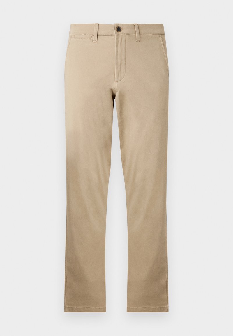 Chinos en coton beige avec une coupe droite, dotés d'un bouton marron unique à la taille et de poches avant et arrière standard.