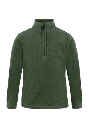 Fleece-Pullover in Dunkelgrün mit hohem Kragen, halbem Reißverschluss und schwarzem Logo-Detail auf der Brust; weiche, strukturierte Oberfläche.