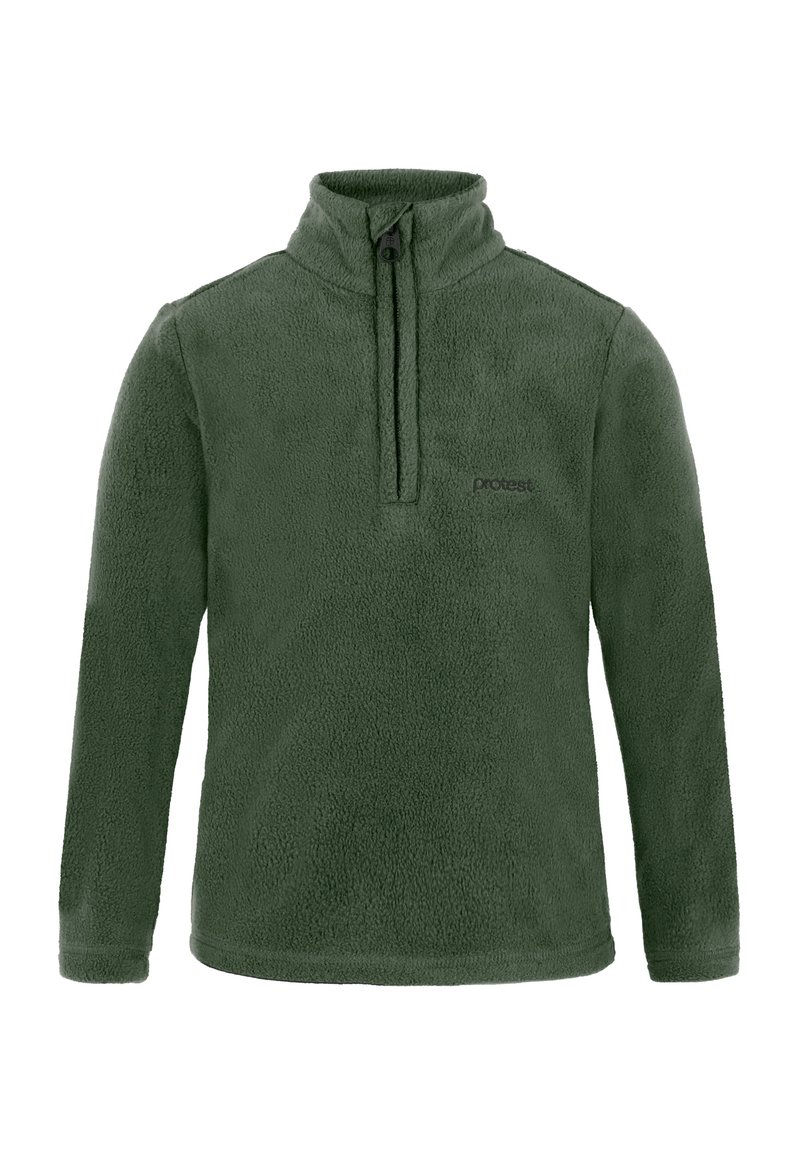Pullover in pile verde scuro con colletto alto, chiusura a mezza zip e dettaglio del logo nero sul petto; superficie morbida e testurizzata.