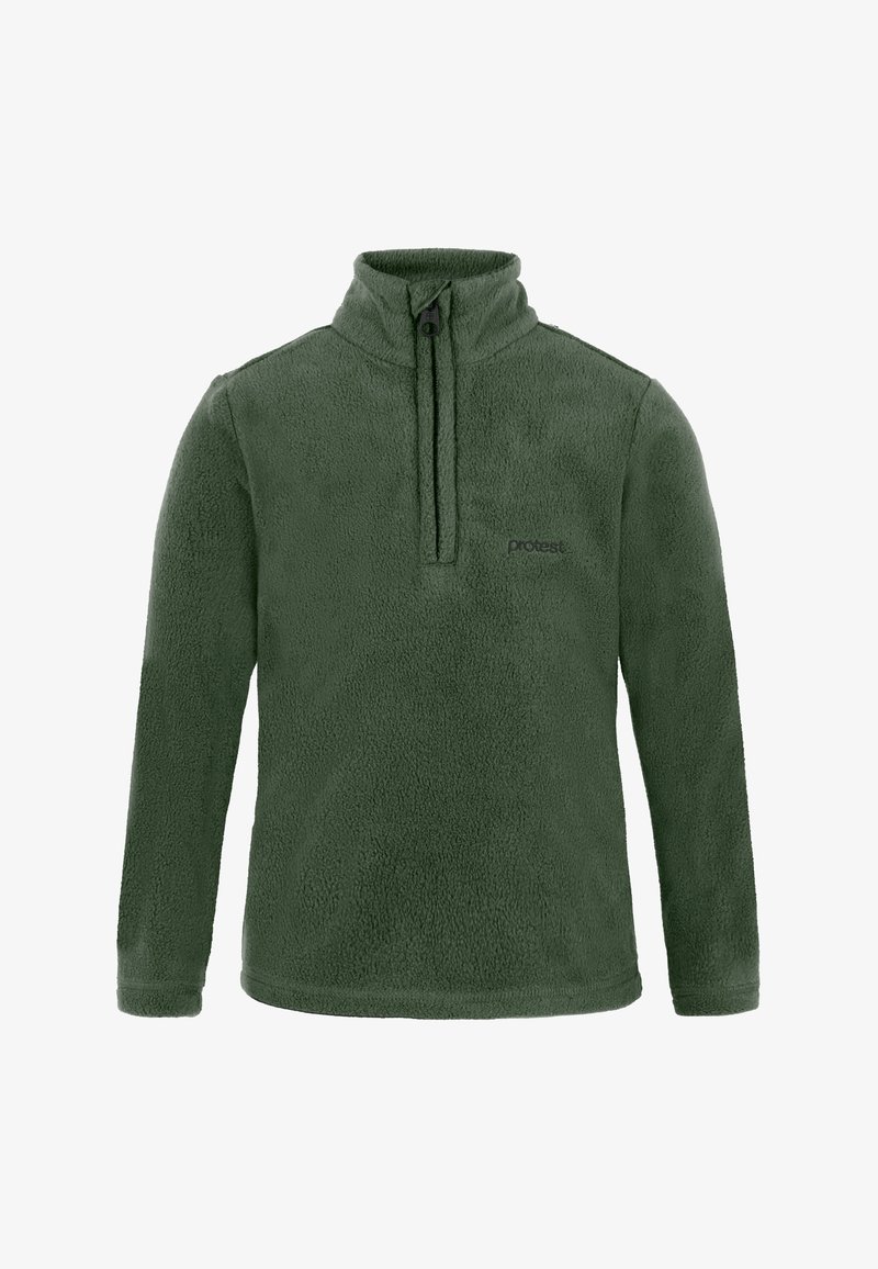 Pullover in pile verde scuro con colletto alto, chiusura a mezza zip e dettaglio del logo nero sul petto; superficie morbida e testurizzata.