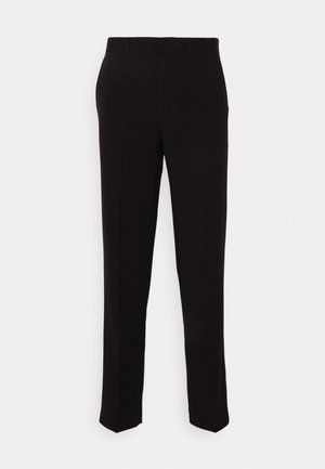 Pantalons noirs à coupe droite, avec une texture lisse et sans motifs ni éléments métalliques visibles. Design classique avec une silhouette épurée.