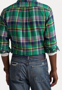 Camicia a quadri verde con accenti bianchi, viola e gialli, maniche arrotolate. Indossata con jeans blu strappati che presentano tasche posteriori.