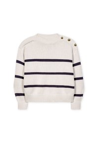 Weißer Pullover mit marineblauen Streifen, rundem Ausschnitt und geripptem Saum. Verfügt über drei goldene Knöpfe an der linken Schulter. Weicher Strickstoff.