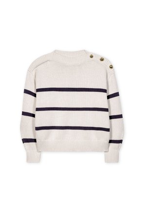 Weißer Pullover mit marineblauen Streifen, rundem Ausschnitt und geripptem Saum. Verfügt über drei goldene Knöpfe an der linken Schulter. Weicher Strickstoff.