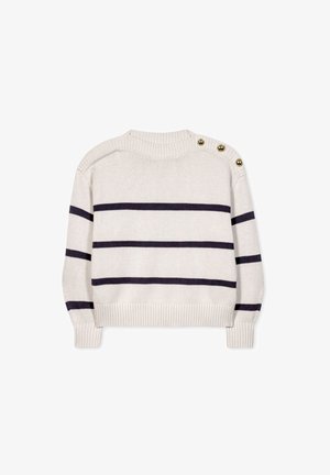 Weißer Pullover mit marineblauen Streifen, rundem Ausschnitt und geripptem Saum. Verfügt über drei goldene Knöpfe an der linken Schulter. Weicher Strickstoff.