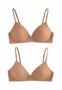 Béžový trojúhelníkový bralet s nastavitelnými ram�ínky a středovou mašlí. Hladký povrch a bezešvý design pro pohodlí a minimální viditelnost.