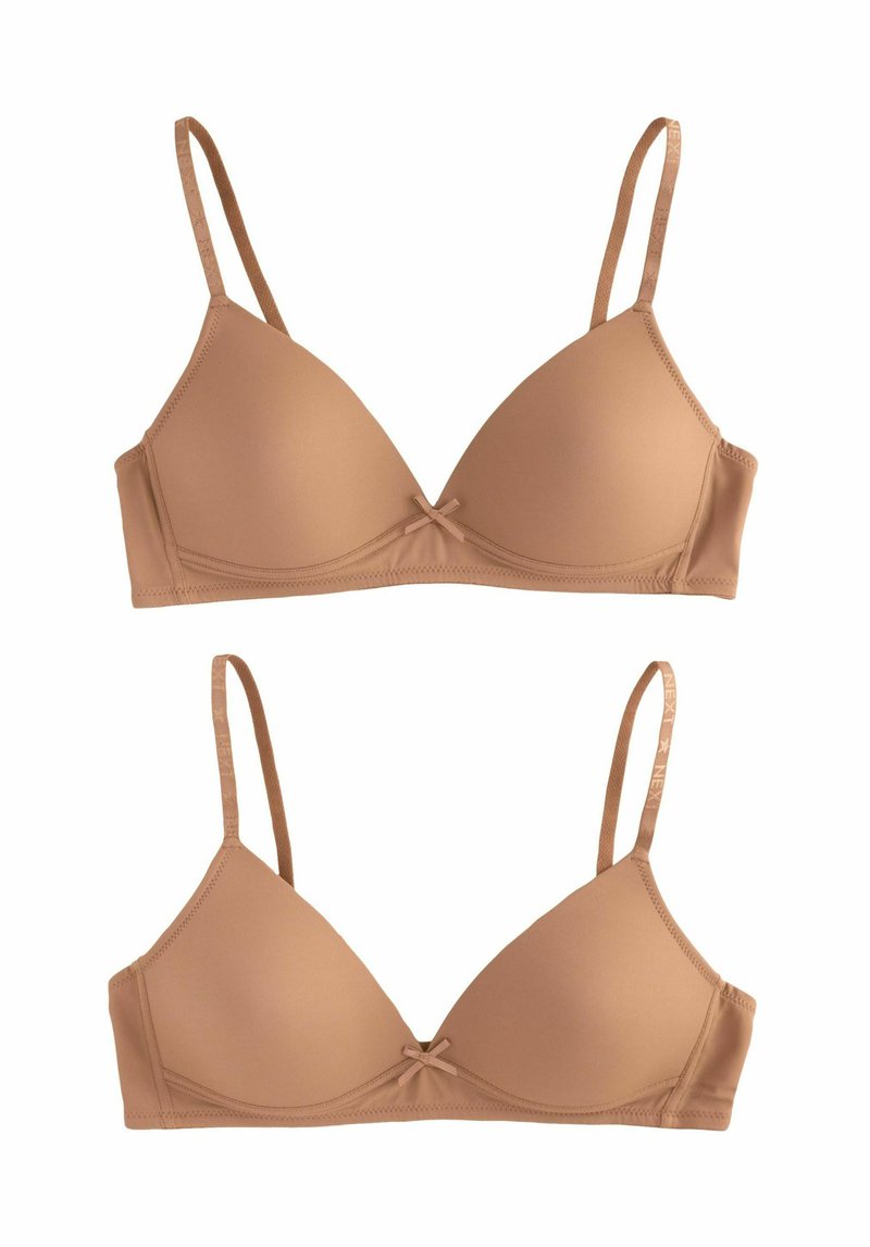 Béžový trojúhelníkový bralet s nastavitelnými ramínky a středovou mašlí. Hladký povrch a bezešvý design pro pohodlí a minimální viditelnost.