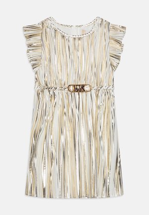 Ærmeløs knælængde kjole med guld-, sølv- og sorte lodrette striber, flæseærmer og et guldmetalisk logo bælte i taljen.