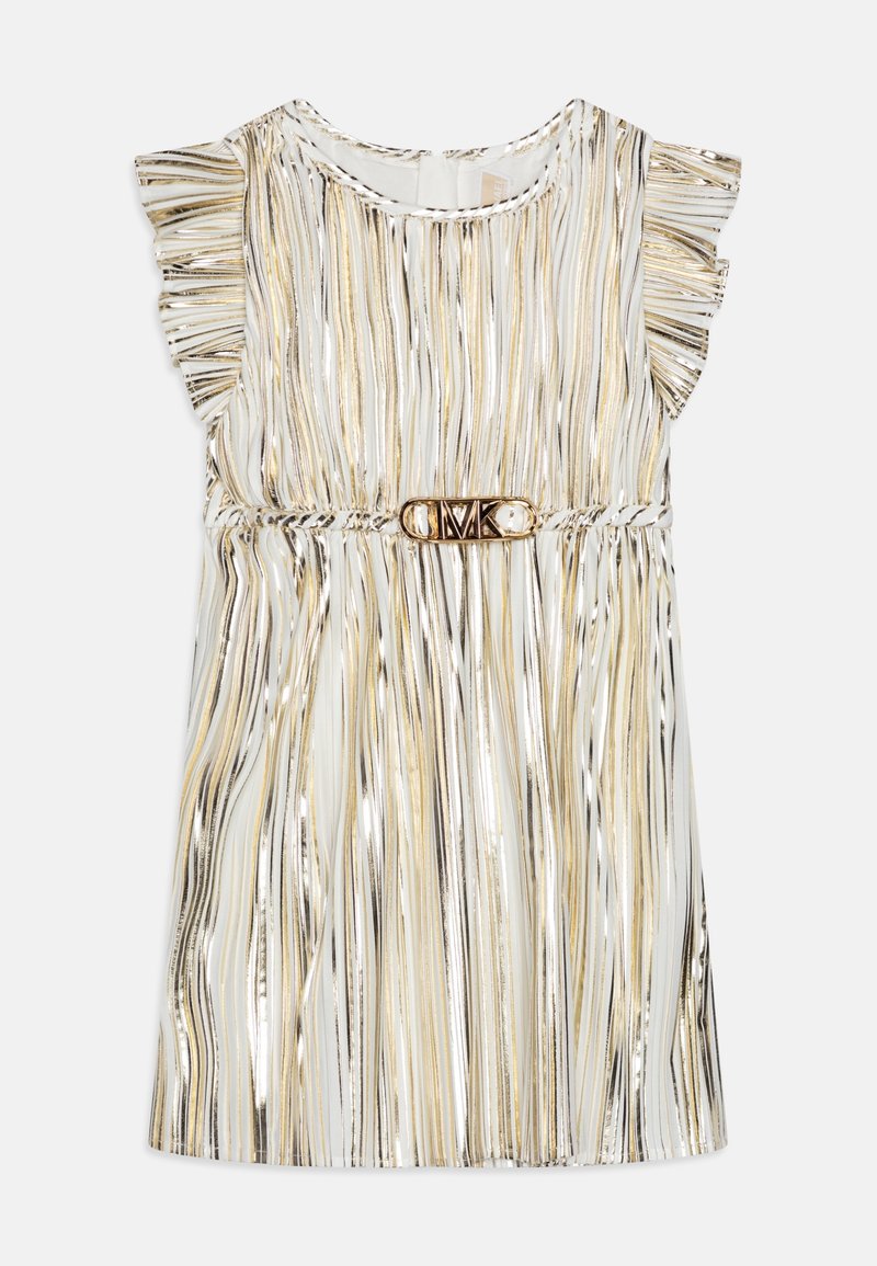 Sukienka bez rękawów o długości do kolan z pionowymi paskami w kolorach złotym, srebrnym i czarnym, z falbanami na ramionach oraz złotym metalicznym paskiem z logo w talii.