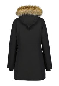Parka nera invernale con maniche lunghe e cappuccio rifinito con pelliccia sintetica spessa di colore marrone dorato, mostrata dal retro.