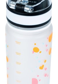 Bottiglia d'acqua in plastica trasparente con motivi a pois colorati in arancione, rosa e blu. Include delle misurazioni fino a 500 ml.