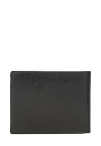 Zwarte leren portemonnee met een eenvoudig, rechthoekig ontwerp, een gladde textuur en scherpe randen. Geen zichtbare patronen of hardwareaccenten.