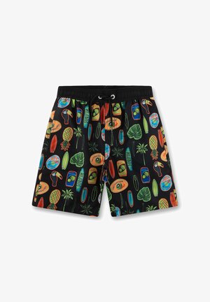 Costume da bagno nero con motivi tropicali colorati, inclusi ananas, tucani, tavole da surf, palme e lattine di soda, con vita con coulisse.