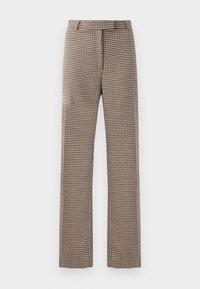 Bruine en zwarte houndstooth-patroon broeken met een rechte pijp, voorzien van een tailleband en zijzakken.