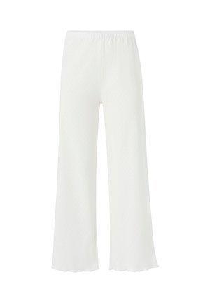 Bredbenede hvide bukser med elastisk taljebånd og subtilt struktureret stof, vist mod en ensfarvet hvid baggrund.