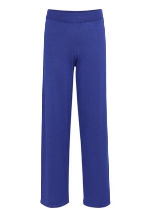 Blå vida byxor i mjukt, elastiskt tyg. Har ett bekvämt, elastiskt midjeband och en slät yta utan synliga mönster.