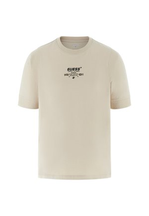 Kreminės spalvos trumpas rankovės marškinėliai, pagaminti iš medvilnės, su apvaliu kaklu ir juodu spausdintu logotipu su tekstu priekyje. Lygi tekstūra.