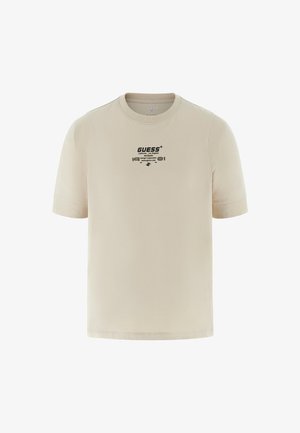 Kreminės spalvos trumpas rankovės marškinėliai, pagaminti iš medvilnės, su apvaliu kaklu ir juodu spausdintu logotipu su tekstu priekyje. Lygi tekstūra.