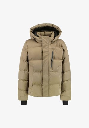 Beige Daunenjacke mit Kapuze, ausgestattet mit einem gesteppten Design, einer Reißverschlusstasche auf der Vorderseite und Bündchen für einen engen Sitz.
