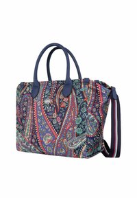Marineblauwe tote bag met een patroon van bloemen en paisley, dubbele handvatten en een afneembare gestreepte schouderriem.